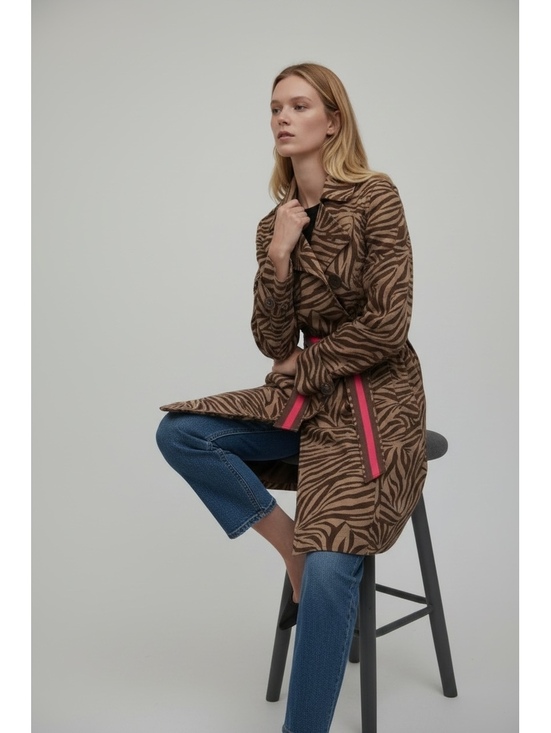 Boden Jackets & Blazers - Women's Zebra Print Trench Coat with Pink Belt Accent